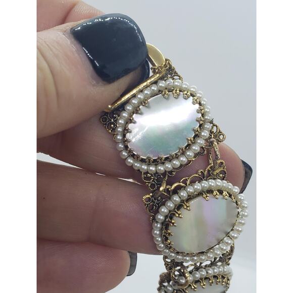 Vintage Filigree Bracelet Mother of Pearl MOP & Faux Pearl Accent Ornate - Picture 3 of 13